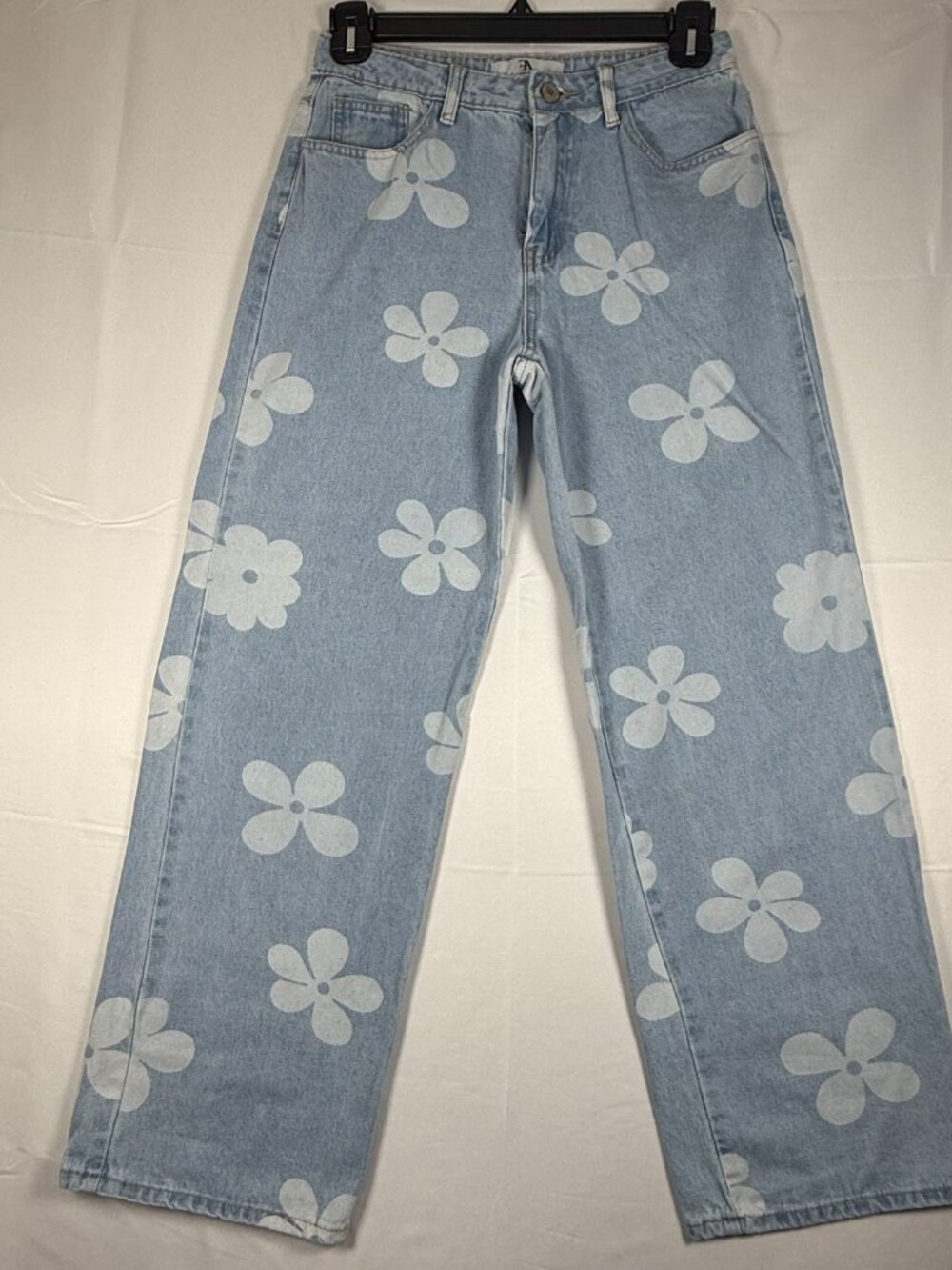 Flying Angel Daisy Print Jeans Women's 9/29 Straight Leg Wide Floral Light Blue